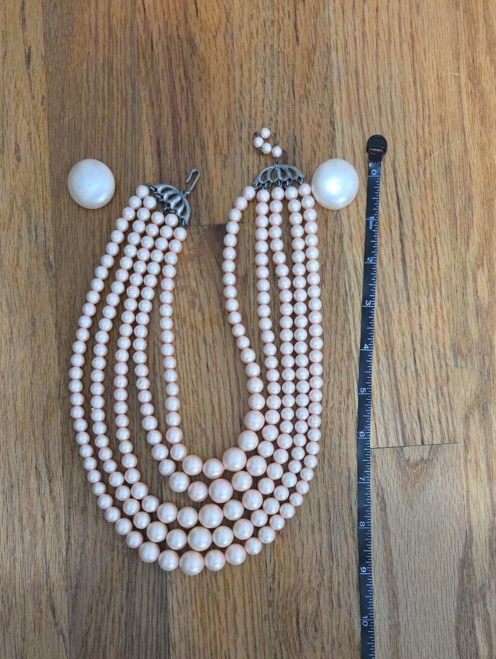 Pink Pearl Multi-Strand Necklace with Clip Earrings